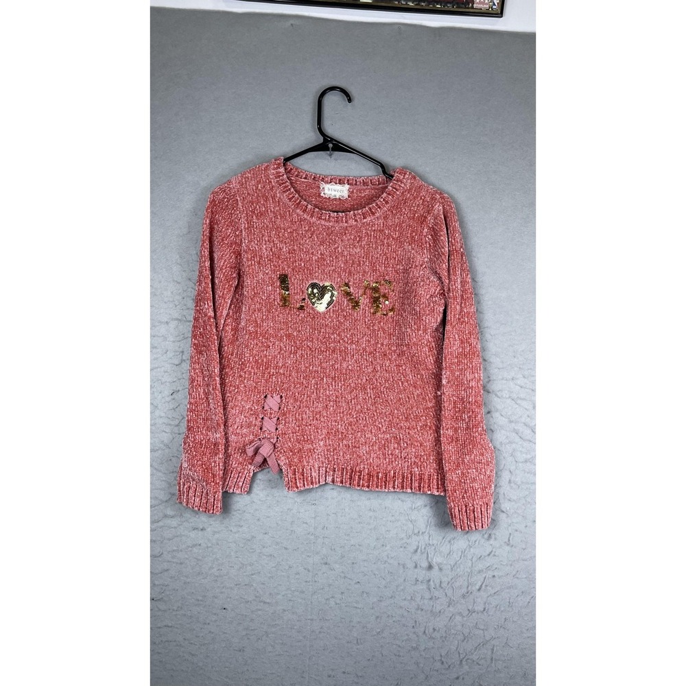 Btween Sweater Girls‎ 12 Pink Love Heart Sequin Chenille Pullover Knit Bow Hem
